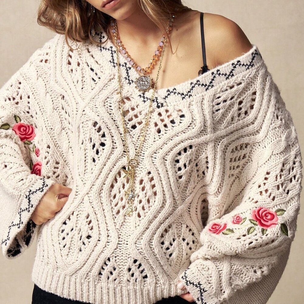 Apricot Boho Women's Floral Embroidery Hollow Out V Neck Sweater